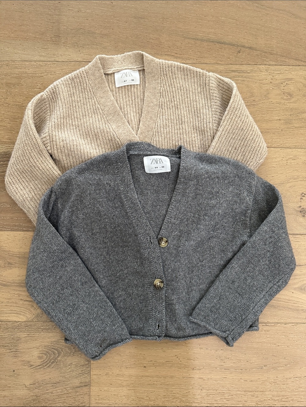 ZARA Beige V‑Neck Sweater & Gray Button‑Front Cardigan